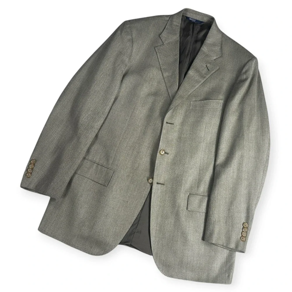 Vintage Polo Ralph Lauren Blue Label Silk‎ Wool Blazer Tan Italy 44L Sport Coat